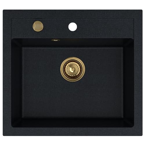 SINK QUALITY Granit Spülbecken schwarz metallisch 56 x 51 cm - inkl. gold Siphon automatisch, Abtropfgestell, Impregnate - Waschbecken für Küche - Spüle für 60 cm Unterschrank Granitspüle für Küche von empiria SINK QUALITY