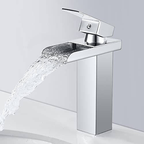 SINKTORY Wasserfall Wasserhahn Bad, Chrom Wasserhahn Waschbecken für Badezimmer, Einhandmischer Waschtischarmatur, Keramikventil, Kaltes und Heißes Wasser Vorhanden, Messing Armatur Bad von SINKTORY