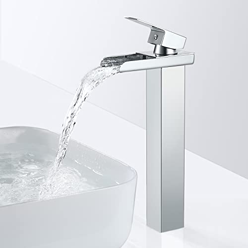 SINKTORY Wasserfall Wasserhahn Bad, Hoch Wasserfall Waschtischarmatur, Chrom Modern Wasserhahn Waschbecken für Badezimmer, Keramikventil, Messing Einhebel Mischbatterie Armatur Bad mit Hoher Auslauf von SINKTORY