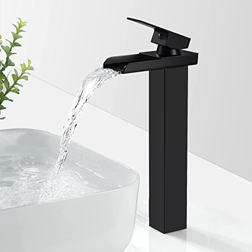 SINKTORY Wasserfall Wasserhahn Bad Schwarz, Hoch Wasserfall Waschtischarmatur, Modern Wasserhahn Waschbecken für Badezimmer, Messing Einhebel Mischbatterie Armatur Bad mit Hoher Auslauf von SINKTORY