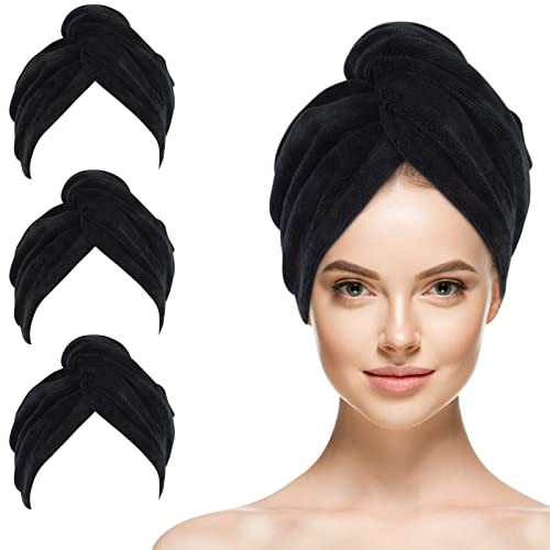 SINLAND Microfiber Haartuch für Frauen, 3 Stück, super saugfähiges, schnell trocknendes Magisches Haartuch zum Trocknen Langer Haare (Black, 25 x 65 cm) von SINLAND