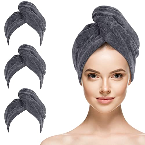 SINLAND Microfiber Haartuch für Frauen, 3 Stück, super saugfähiges, schnell trocknendes Magisches Haartuch zum Trocknen Langer Haare (Grey, 25 x 65 cm) von SINLAND