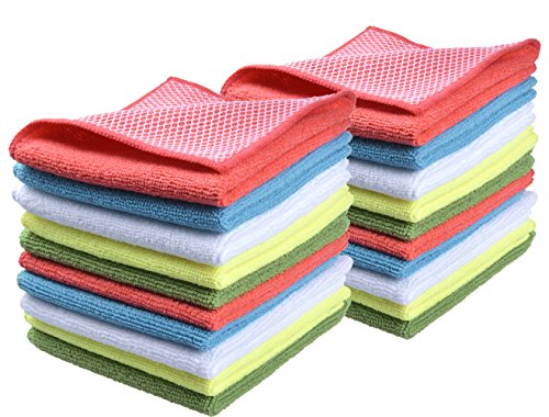 SINLAND Mikrofaser-Geschirrtuch, Reinigungstücher mit Poly-Scheuerseite, 30,5 x 30,5 cm, 20 Stück (Pink x 4 + Blau 4 + Weiß 4 + Gelb x 4 + Grün x 4 ) von SINLAND