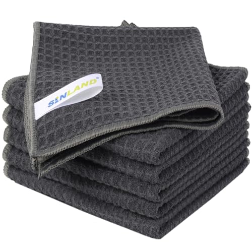 SINLAND 6 Stück Mikrofaser Geschirrtücher fusselfrei Küchenhandtücher schnell trocknend Waffeltücher wiederverwendbar Putztücher waschbar Handtücher für Küche Geschirr Haushalts 33x33 cm Grau von SINLAND