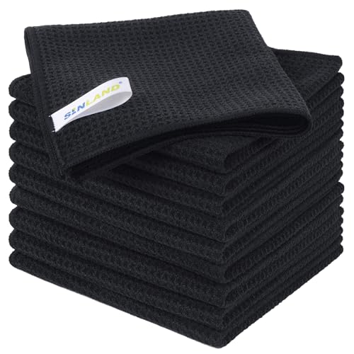 SINLAND Thick Microfiber Waffle Weave Dish Cloths Dishcloths Washcloths Facial Cloths(Deep Color) (Black x 10) von SINLAND