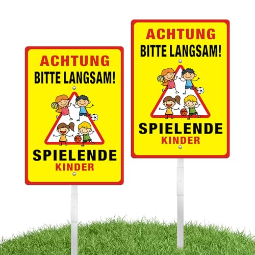 SINMAO Achtung Spielende Kinder Schild mit Pfosten Groß 35x25m Aluminium Wasserdicht, UV-Schutz, Rostfrei für den Außenbereich von SINMAO