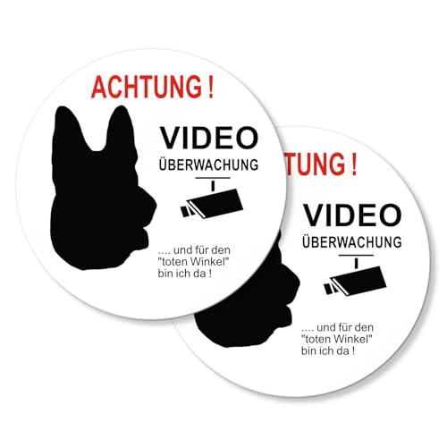 SINMAO Achtung Videoüberwachung Schild Selbstklebend 10cm, Videoüberwachung Hund Schild für Innen und Außen x2Stück von SINMAO