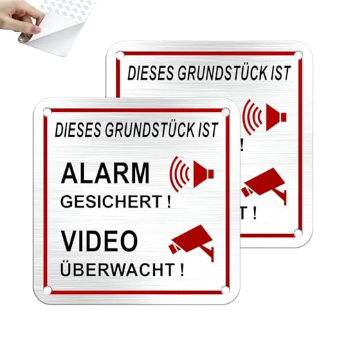 SINMAO Dieses Grundstück Wird Videoüberwacht Schild 10x10cm Alu Selbstklebend, Alarmgesichert Aufkleber Klein Metall Wasserdicht und Rostfrei x2Stück von SINMAO