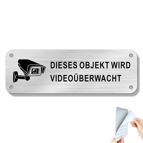 SINMAO Dieses Objekt Wird Videoüberwacht Aufkleber Aluminium Gebürstet 15×5cm, Schild Kameraüberwachung Selbstklebend Schild Videoüberwachung mit Bohrlöcher von SINMAO