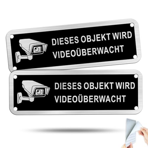 SINMAO Grundstück Videoüberwacht Schild Selbstklebend Aluminium Gebürstet 15×5cm, Grundstück Wird Videoüberwacht Schild x2 Stück von SINMAO
