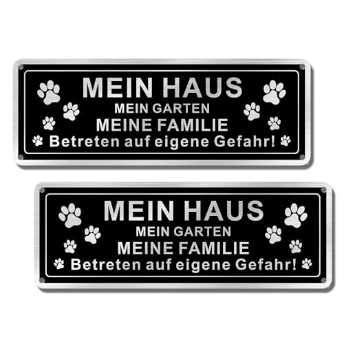 SINMAO Warnschild Hund Lustig Metall 25x9cm | Schutz der Wohnung “MEIN HAUS MEIN GARTEN MEINE FAMILIE” Betreten auf Eigene Gefahr 2 Stück von SINMAO