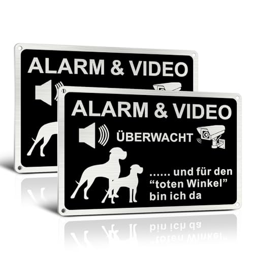 Sinmao Alarm und Videoüberwacht Schild Hund Alu A4 30x20cm Gebürstete Oberfläche in Schwarz, Achtung Hund Schild Lustig "Und für den toten Winkel bin ich da" 2 Stück von SINMAO