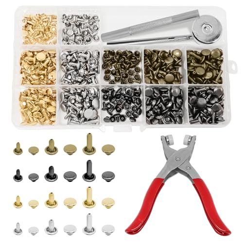 Leder Nieten Set, 180 Stück Set Metallniete Doppelkappe, 12、 8、 6MM Nietenzange Set, Hohlnieten Set mit Nietenzange und Lochzange, Flachnieten Set für DIY Lederhandwerk Handwerk Nähen von SINRAD