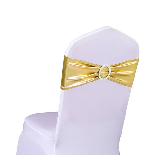 Lycra-Stuhlschärpen aus Stretch-Elastik mit Schnalle und Schleife, Polyester und Spandex, Bronzing Gold, 50PC von SINSSOWL
