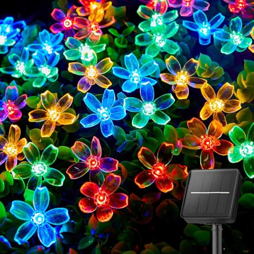 SIOOUI Solar Lichterkette Aussen, 7 M 50 LEDs Solarbetriebene Lichterkette Wasserfeste 8 Modi Blüten Lichterkette für Garten, Terrasse, Baum, Rasen, Hochzeit und Party Dekoration (Mehrfarbig) von SIOOUI