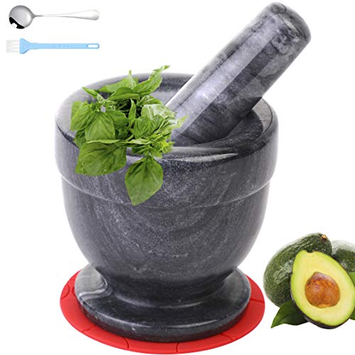 Mörser und Stößel, Marmor-Set für Gewürze, Pestos, Pasten, Guacamolle, Schüssel, Kräutermühle, leicht zu reinigen, inklusive: Silikonmatte, Bürste, Edelstahl-Löffel, 11 cm (klein, schwarz grau) von SIPARUI