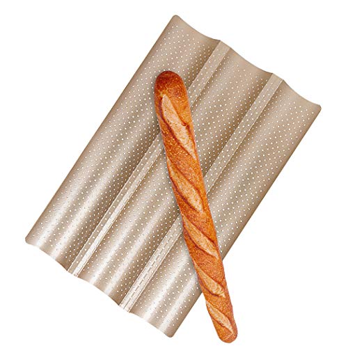 SIPLIV Baguette-Pfanne, antihaftbeschichtet, perforiert, 38,1 x 24,4 cm, für französisches Brot, 3 Wellen, Brot, Backform, Ofen, Toaster, Pfanne, Gold von SIPLIV