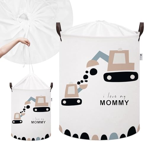 SIPO XL Cotton Storage Basket for Toys – Excavator & Trucks Design for Boys’ Room, Nursery, Playroom – Foldable Waterproof Organizer with Drawstring & Handles von SIPO