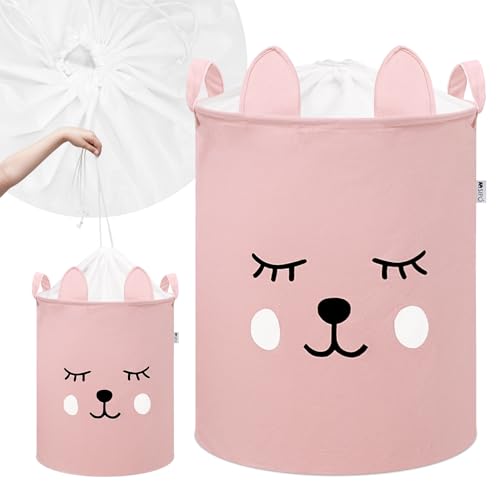 SIPO XL Baumwollkorb – faltbarer, wasserdichter Spielzeug- & Wäschekorb mit Zugkordel & Griffen – Rosa Bär Design für Mädchenzimmer & Spielbereiche von SIPO