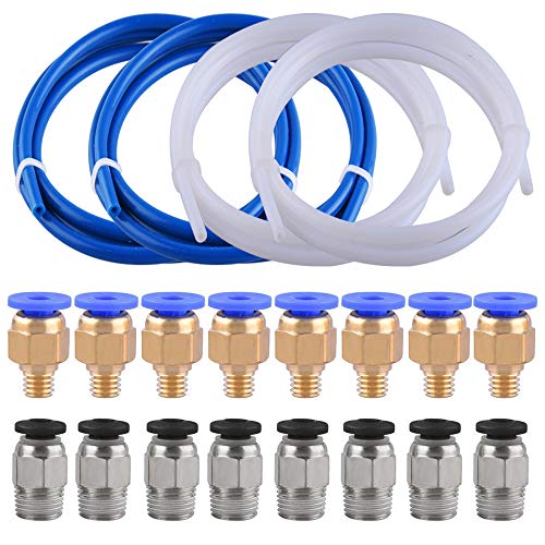 SIQUK 4 Stück Teflon Schlauch PTFE Schlauch (1 Meter) mit 8 Stück PC4-M6 Fittings und 8 Stück PC4-M10 Stecker, gerade, pneumatischer PTFE Rohrsteckverbinder für 3D Drucker 1.75mm Filament von SIQUK