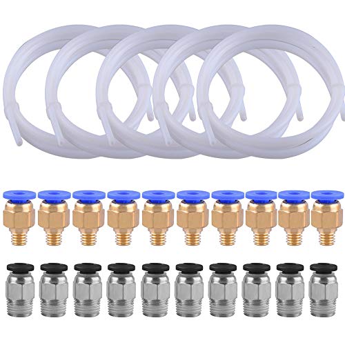 SIQUK 5 Stück PTFE-Teflonrohr(1 Meter) mit 10 Stück PC4-M6 Schnellkupplung und 10 Stück PC4-M10 Gerade Pneumatikkupplung Zum Verbinden von 3D-Drucker mit 1,75 mm Filament von SIQUK