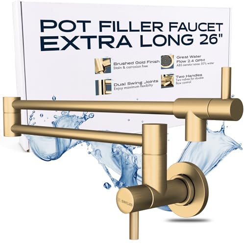 SIRCLES Topffüller Wasserhahn – gebürstetes Gold-Finish – extra lang 66 cm – Wandhalterung aus Edelstahl – Dual 360° Schwenkgelenke – Teflonband und extra Kartusche im Lieferumfang enthalten von SIRCLES