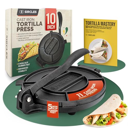 SIRCLES Tortilla-Presse 25,4 cm Gusseisen - Extra große, robuste 25,4 cm Tortilla-Presse - E-Book 50 Rezepte - 5 rutschfeste Gummifüße - voreingebrannt - Prensa Para Tortillas (groß 25,4 cm) von SIRCLES