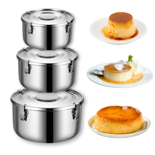 SISIGOO Edelstahl-Backformen zum Backen mit Wasserbad, 3 Stück, Kuchenform, Formen für Flan, Flanera para baño Maria, Quesillera Venezolana con tapa Molde, Flan Maker (Packung mit 3 kleinen) von SISIGOO