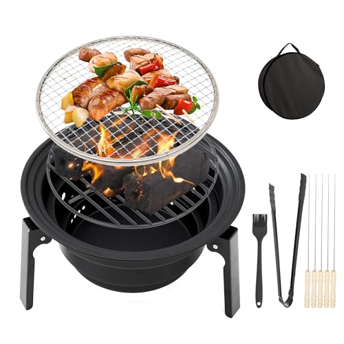 Holzkohlegrill mit Tragetasche, 36, 5cm Edelstahl Kleiner Grill, Outdoor Korean BBQ Grill, Camping Grill, Portable Campinggrill für Outdoor Garten Camping Party -mit Grillzubehör von SISKEYCOOC