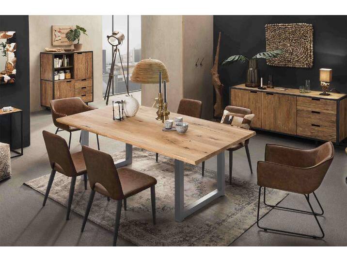 Esstisch SIT, braun (natur, antiksilber, antiksilber, natur), B:180cm H:75cm T:100cm, Platte Wildeiche geölt, Gestell Metall, Tische, Rechteckiger Esstisch Esstisch Holz-Esstische, Kufengestell im industriellen Antiklook von SIT-Möbel