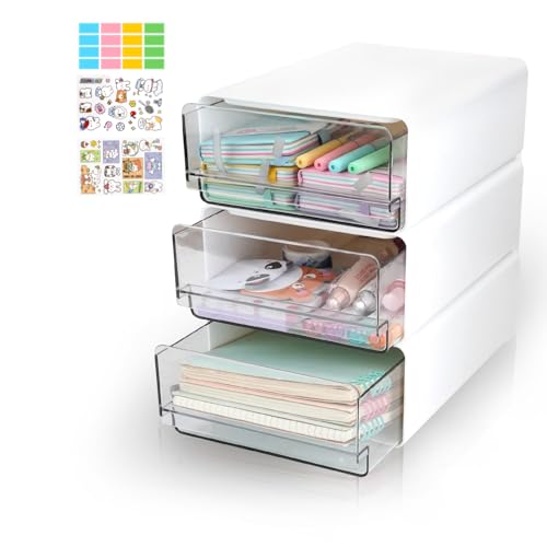 3Tier Stapelbarer Schreibtisch-Organisator mit Schubladen, Plastic Storage Drawer Units Compact Desktop Stationary Makeup Organizer Box mit Etiketten, große Kapazität Tabelle Organisation (3pc W) von SITAKEGS