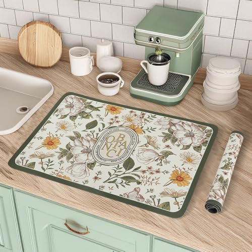 SITAKEGS Abtropfmatte, 2PCS saugfähige Kaffeematte Vintage Floral Teller weiche Mikrofaser Küche Abtropfflächen, Anti-Rutsch-Gummi hinterlegt Trocknungsmatte für Küchenutensilien Küche Spüle von SITAKEGS