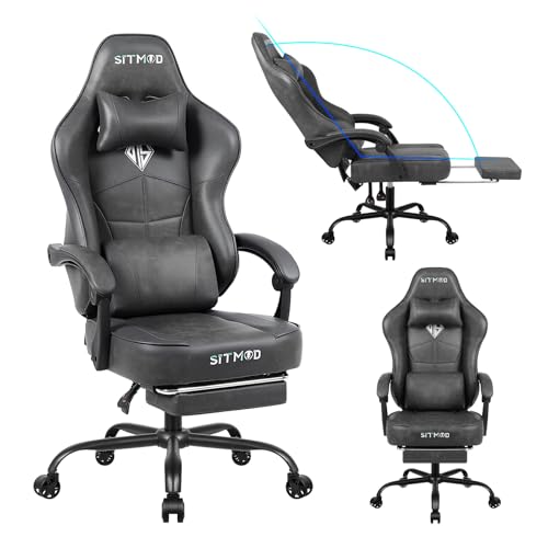 Bürostuhl Gaming Stuhl, Ergonomischer Gamer Stuhl mit Fußstütze und Kopfstütze Lendenwirbelstütze, Großer PC Stuhl Höhenverstellbarer Dreh PU Leder 360° Drehsessel Task Stühle-Grau von SITMOD