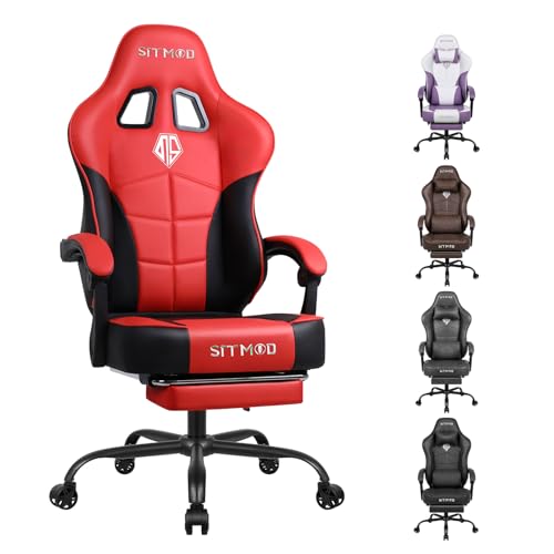 Bürostuhl Gaming Stuhl, Großer PC Stuhl Höhenverstellbarer Dreh, Ergonomischer PU Leder Gamer Stuhl mit Fußstütze und Kopfstütze Lendenwirbelstütze, 360° Drehsessel Task Stühle-‌Rot von SITMOD
