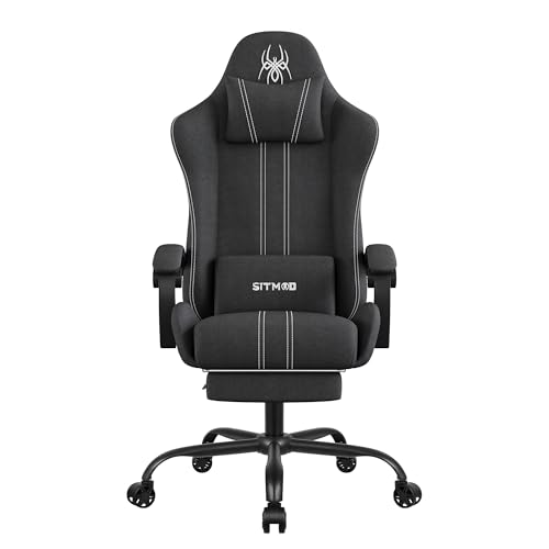 Gaming Stuhl Stoff mit Fußstütze Kopfstütze, Ergonomischer Bürostuhl Gaming Sessel, Federsitzkissen, Groß und Hoch 360° Drehbarer Höhenverstellbarer Schreibtischstuhl, Grau von SITMOD