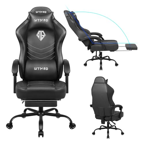 SITMOD Gaming-Stuhl mit Fußstütze, Ergonomischer Gamer Stuhl mit Fußstütze und Kopfstütze Lendenwirbelstütze, große und hohe Bürostuhl Höhenverstellbarer PU Leder 360° Drehsessel Task Stühle-‌Schwarz von SITMOD