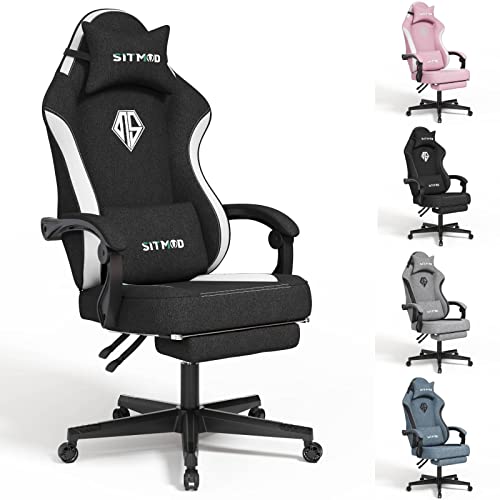 SITMOD Gaming-Stuhl mit Fußstütze-Computer Ergonomischer Videospiel-Stuhl-Rückenlehne und Sitzhöhenverstellbarer drehbarer Arbeitsstuhl für Erwachsene mit Lordosenstütze (Schwarz-Weiß)-Stoff von SITMOD