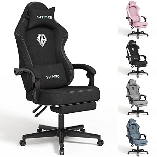 SITMOD Gaming-Stuhl mit Fußstütze-Computer Ergonomischer Videospiel-Stuhl-Rückenlehne und Sitzhöhenverstellbarer drehbarer Arbeitsstuhl für Erwachsene mit Lordosenstütze (schwarz)-Stoff von SITMOD