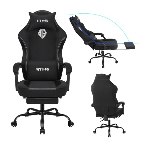 SITMOD Stoff Gaming-Stuhl für Erwachsene, PC Computersessel mit Fußstütze, ergonomischer Videospielstuhl, Rückenlehne und Sitzhöhe verstellbar, Drehstuhl für Erwachsene mit Lendenwirbelstütze von SITMOD