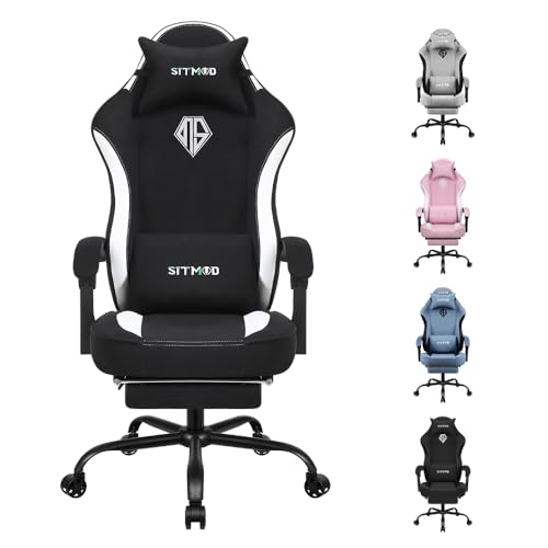 Stoff Gaming-Stuhl für Erwachsene, PC Computersessel mit Fußstütze, ergonomischer Videospielstuhl, Rückenlehne und Sitzhöhe verstellbar, Drehstuhl für Erwachsene mit Lendenwirbelstütze, bis zu 150 kg von SITMOD