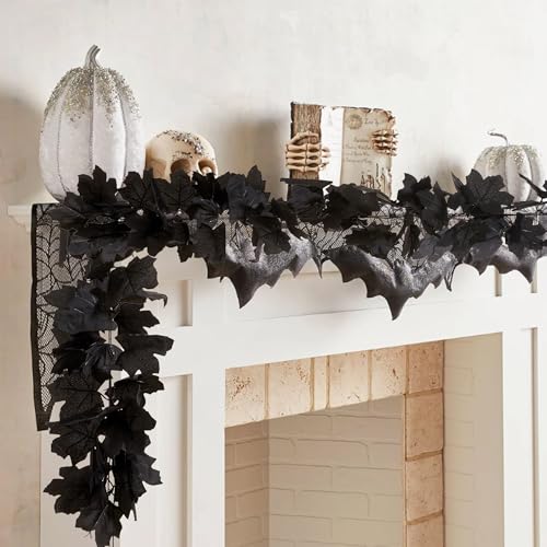 SITUMEIZI 2 Stück schwarze Ahornblatt-Girlande, 1,8 m, schwarze Herbstblätter für Halloween-Party-Dekoration von SITUMEIZI