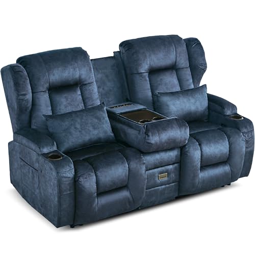 SITURAY 2er Relaxsessel mit Liegefunktion, Zweisitzer Fernsehsessel 2 Sitzer TV Sessel mit Konsole, Manuell Verstellbar Doppel Kinosessel bis 360 kg (Klappbare Mittelkonsole, Samtstoff Blau) von SITURAY