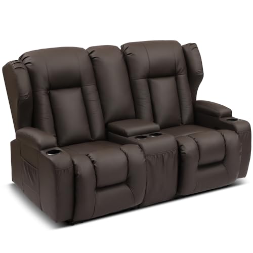 SITURAY 2er Relaxsessel mit Liegefunktion Fußteil, Zweisitzer Fernsehsessel 2 Sitzer TV Sessel mit Konsole, Manuell Verstellbar Doppel Kinosessel bis 360 kg (Feste Mittelkonsole, Kunstleder Braun) von SITURAY