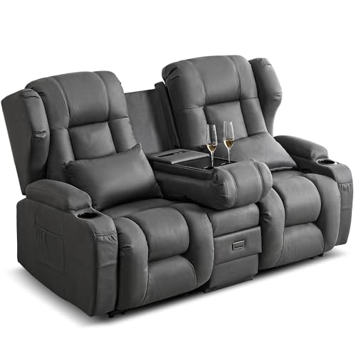 SITURAY 2er Relaxsessel mit Liegefunktion Fußteil, Zweisitzer Fernsehsessel 2 Sitzer TV Sessel mit Konsole, Manuell Verstellbar Doppel Kinosessel bis 360 kg (Klappbare Mittelkonsole, Leathaire Grau) von SITURAY