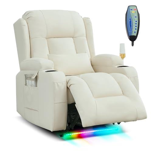 SITURAY Relaxsessel Fernsehsessel Elektrisch Verstellbar Massagesessel mit Liegefunktion Fußteil, Kunstleder TV Sessel mit Wärmefunktion, Kinosessel mit LED/USB für Wohnzimmer, bis 150 kg (1, Beige) von SITURAY