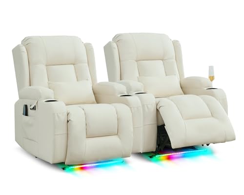 SITURAY Relaxsessel Fernsehsessel Elektrisch Verstellbar Massagesessel mit Liegefunktion Fußteil, Kunstleder TV Sessel mit Wärmefunktion, Kinosessel mit LED/USB für Wohnzimmer, bis 150 kg (2, Beige) von SITURAY