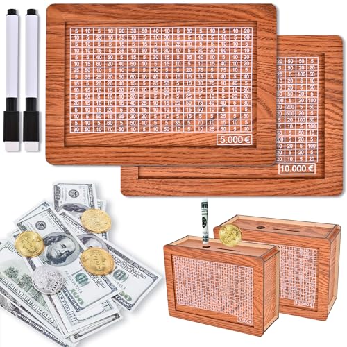 2PCS Sparbox mit Zahlen Ankreuzen Spardose 5000+10000 Euro Money Holzspardose Geld Sparen Box Ziel Sparkasten Geldsparbox Kumbara aus Holz Deine Challenge Sparziel Holzsparbox Erwachsene Sparkasse von SIUHEN