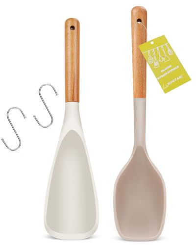 Großes Silikon-Kochlöffel-Set, hitzebeständig, antihaftbeschichtet, Küchenutensilien mit Holzgriff, spülmaschinenfest, Kochgeschirr zum Mischen, Rühren, Backen, Schaufeln und Schaben, 2 Stück von SIVOTAMI