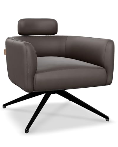 SIX Elito Mid-Century Modern Echtleder-Drehstuhl Braun-Hochwertiger Leder Lounge Chair Club Sessel mit Massivholzrahmen und Metallbasis-Stilvoll, Komfortabel Pflegeleicht von SIX
