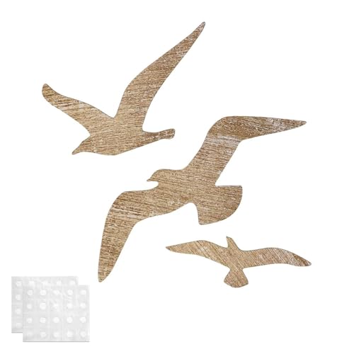 SIXHAOBU Möwen Wanddeko, 3 Stück Wand Deko Holz Möwen Set in Verschiedenen Größen, Maritime Wanddeko für Wohnzimmer für Wohnzimmer Schlafzimmer Badezimmer Flur Ferienhaus (Holzfarbe) von SIXHAOBU